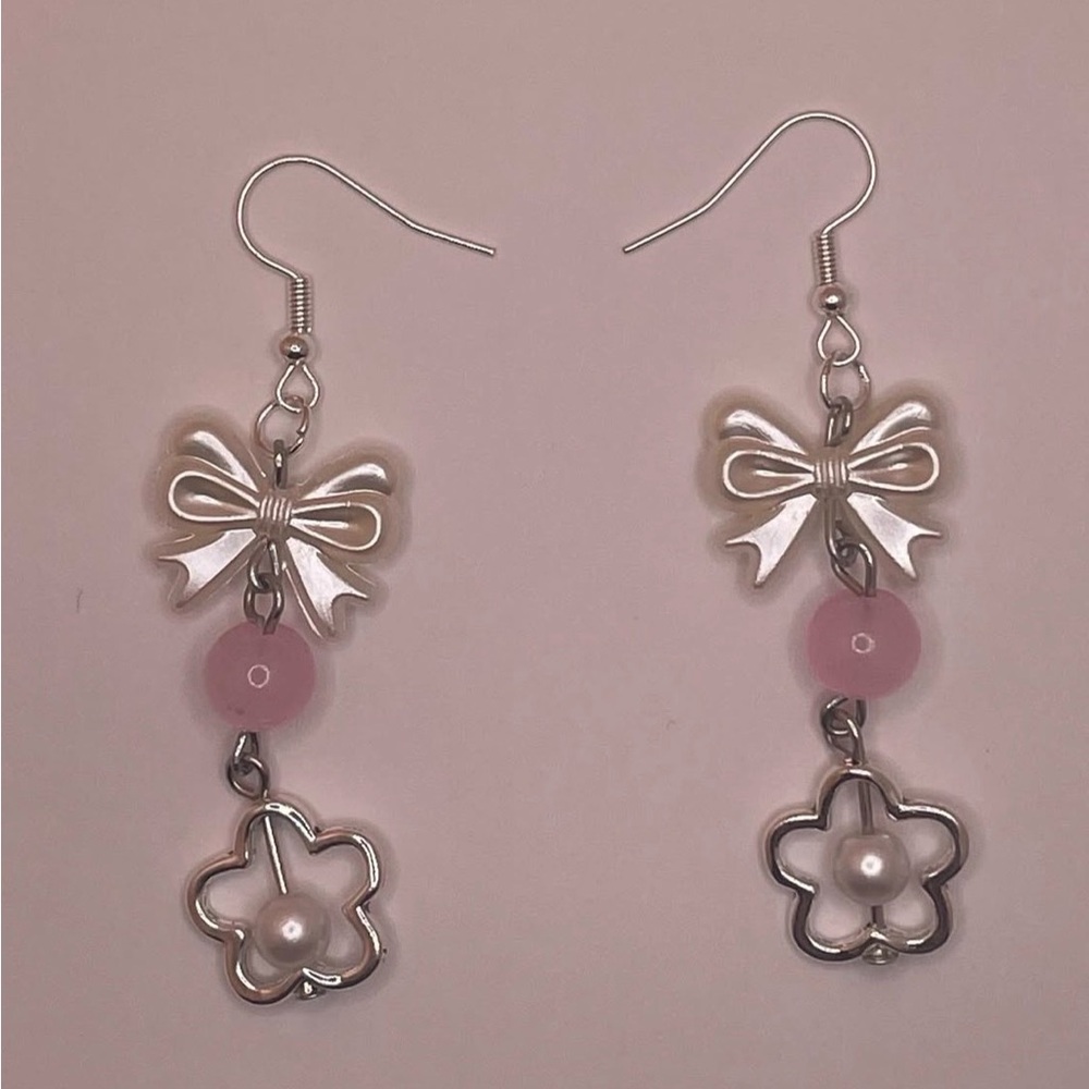 Elegant Silver and Pink Bow Earrings